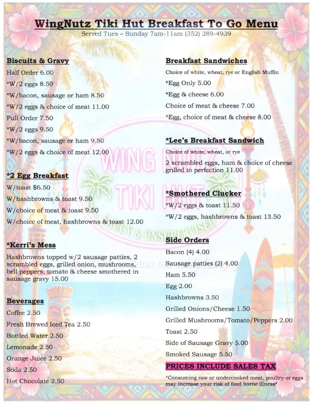 Wing Nutz Tiki Hut breakfast menu, page 1