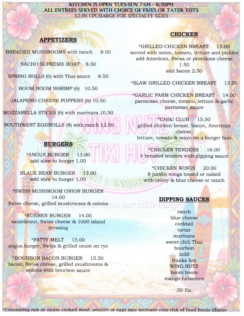 Wing Nutz Tiki Hut menu - appetizers, burgers, chicken and wings