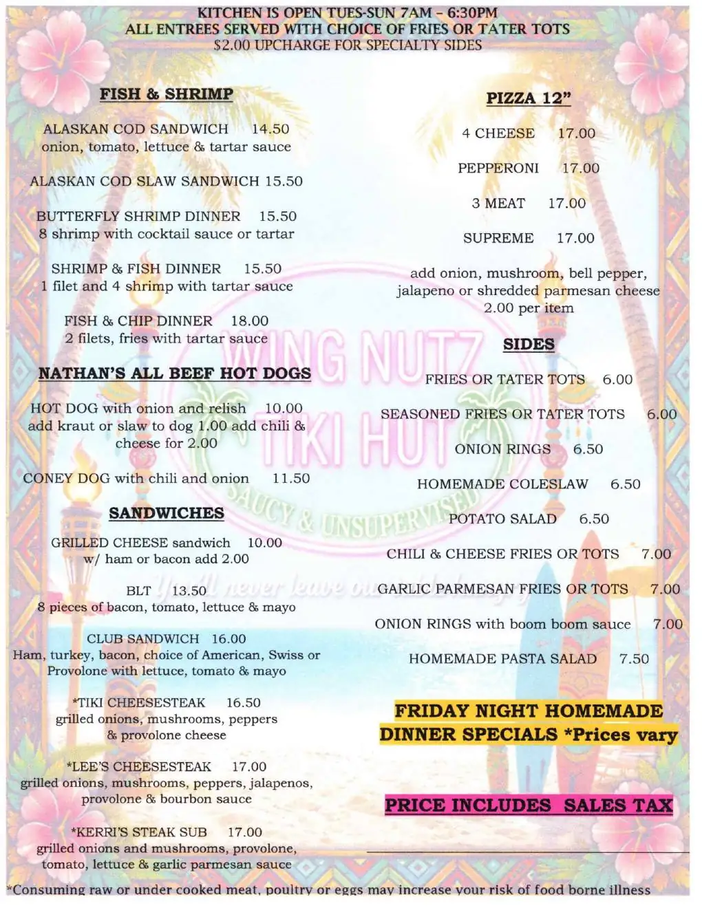 Wing Nutz Tiki Hut menu - fish, sandwiches, pizza and sides
